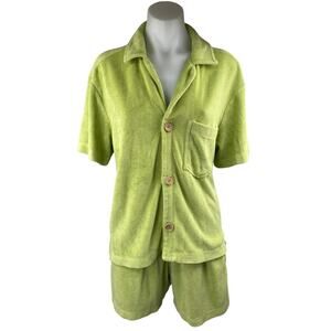 Alice Pearl Weekend Green Terry Button Down Shirt Top & Mini Shorts 2Pc Set S